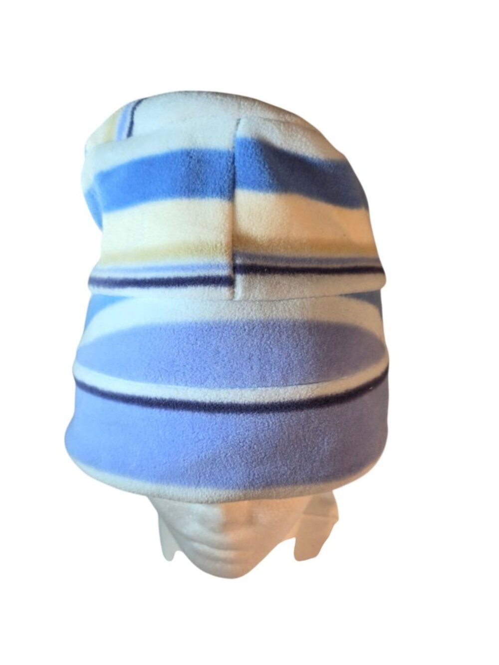 Striped Blue Cream Fleece Beanie Hat Cap Lands End S/M Winter Fall Nautical Ski